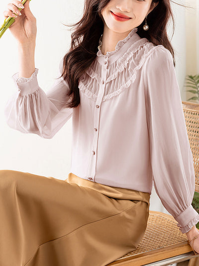 Lauren Classic Ruffle Lace Pleated Chiffon Top