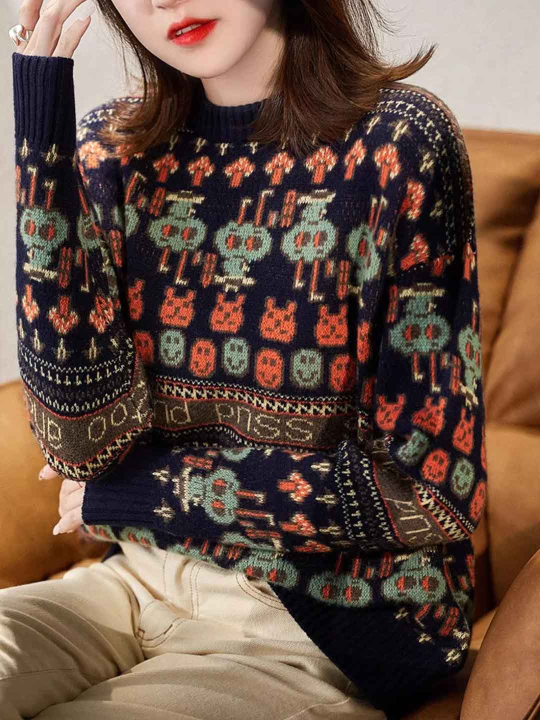 Kylie Loose Turtleneck Jacquard Knitted Sweater