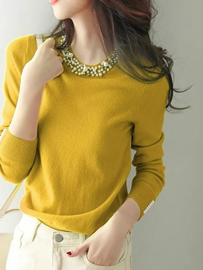 Elizabeth Elegant Beaded Pullover Knitted Top-Yellow