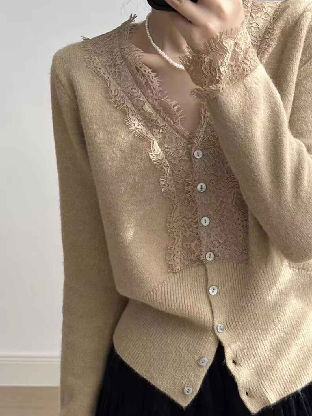 Trinity Slim V-Neck Lace Knitted Cardigan