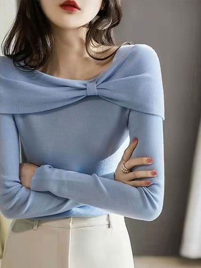Brianna Off-Neck Bow Knitted Sweater-Blue