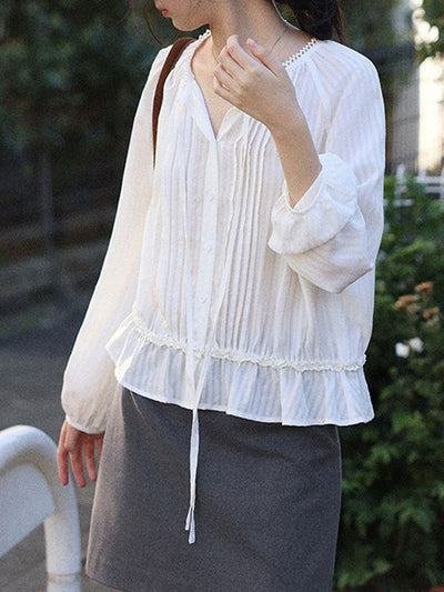 Ashley Retro Puff Sleeve Tie Pleated Blouse