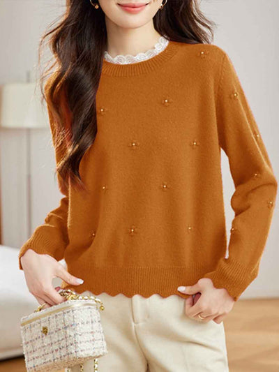 Andrea Retro Lace Crew Neck Solid Color Beaded Knitted Top