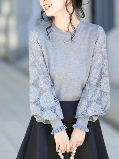 Anna Lace Lantern Sleeve Pullover Knitted Sweater