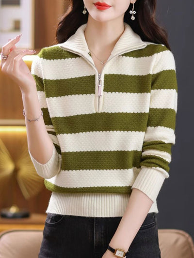 Sara Casual Lapel Contrast Striped Knitted Sweater