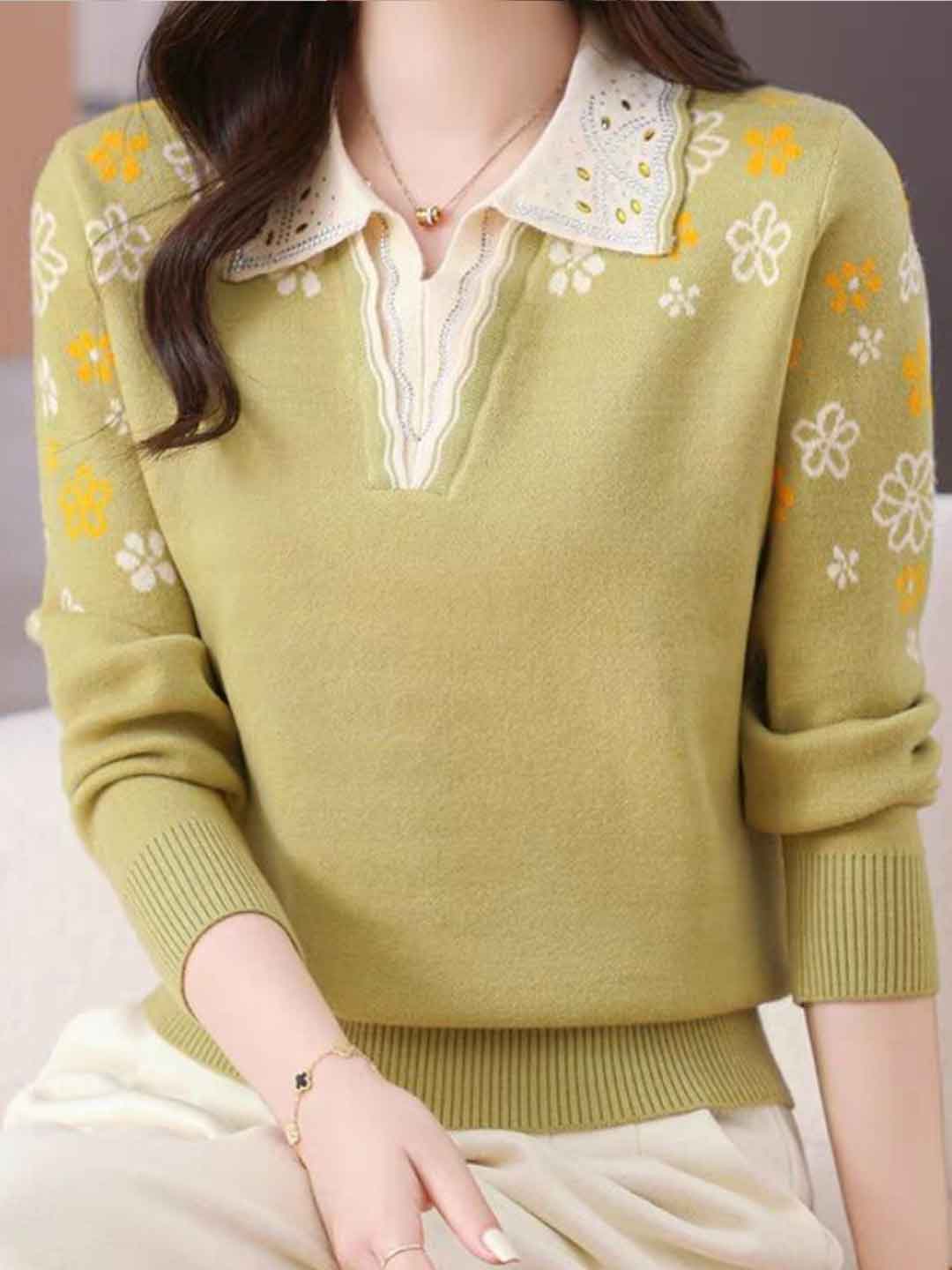 Jocelyn Casual Lapel Embroidered Knitted Top
