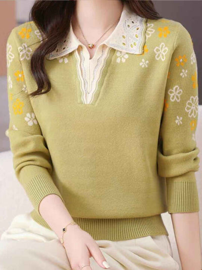 Jocelyn Casual Lapel Embroidered Knitted Top
