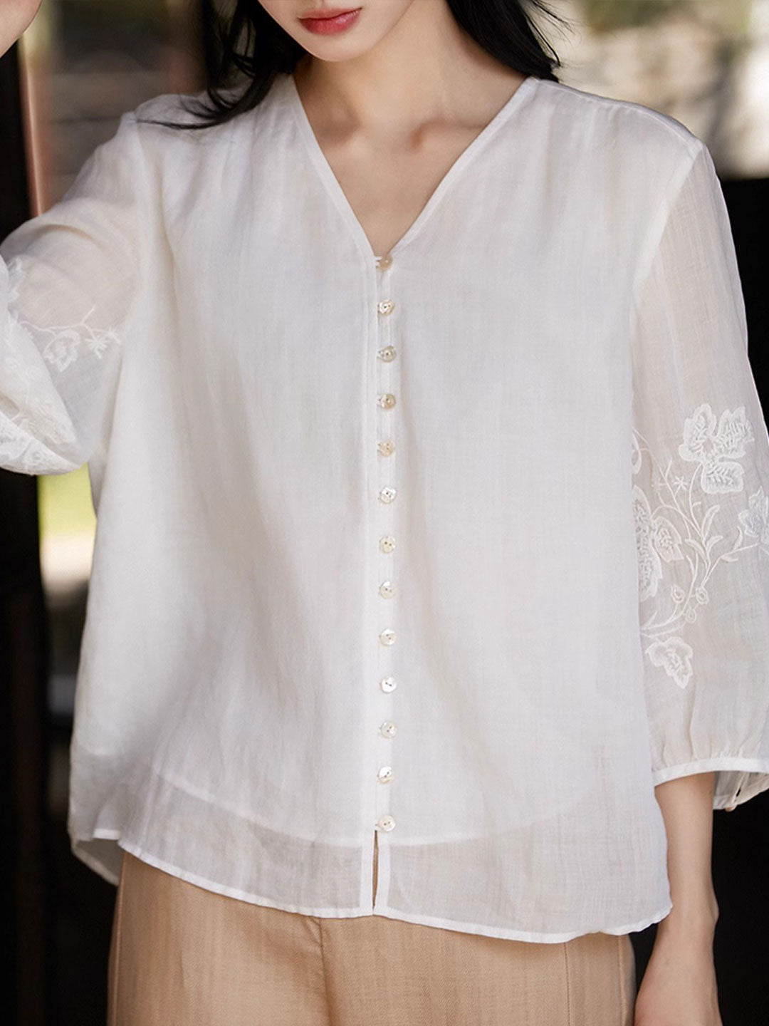 Sophie Loose V-Neck Embroidered Top