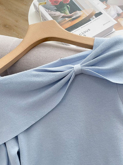 Brianna Off-Neck Bow Knitted Sweater-Blue