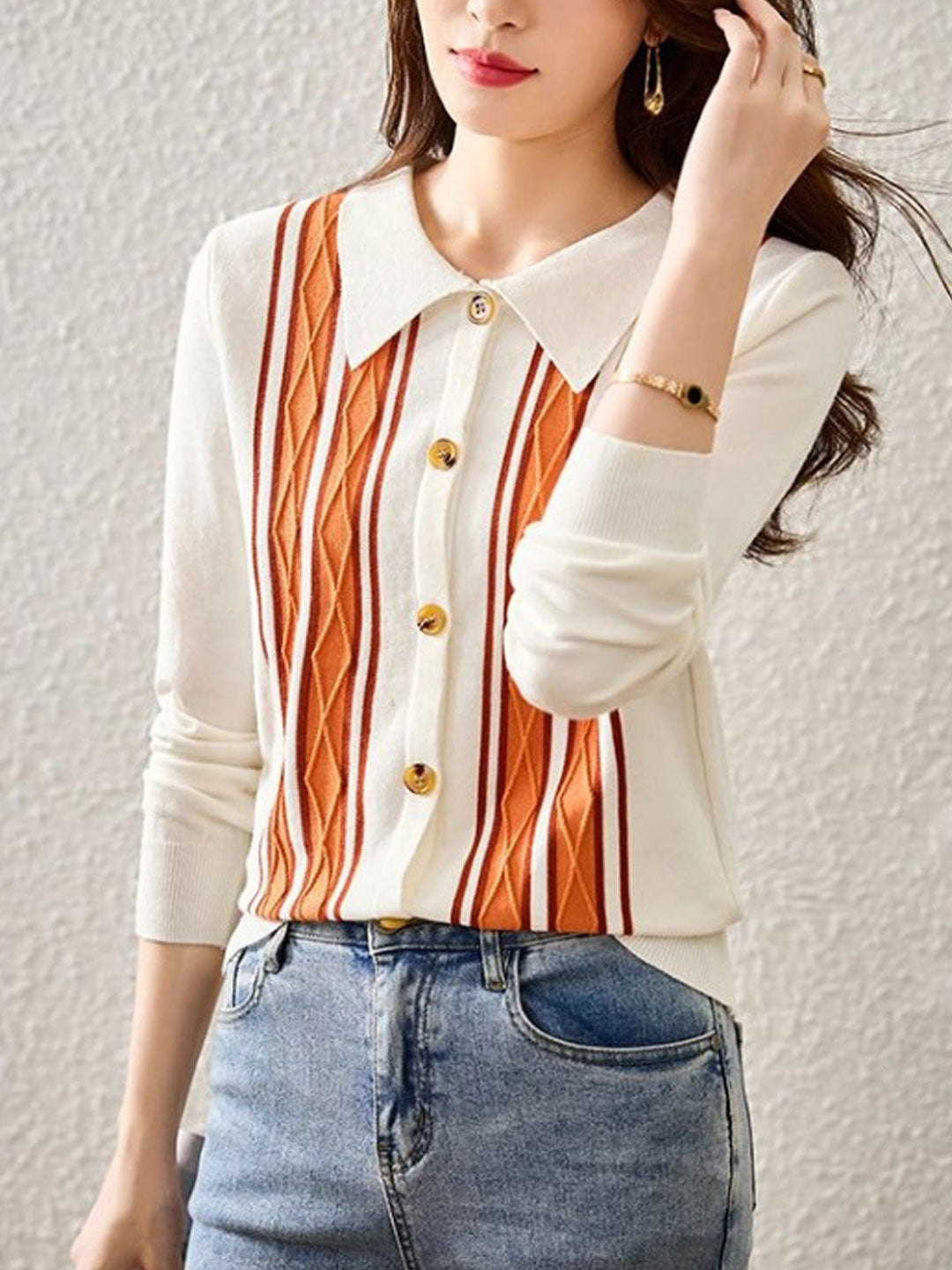 Ava Casual Lapel Striped Knitted Cardigan