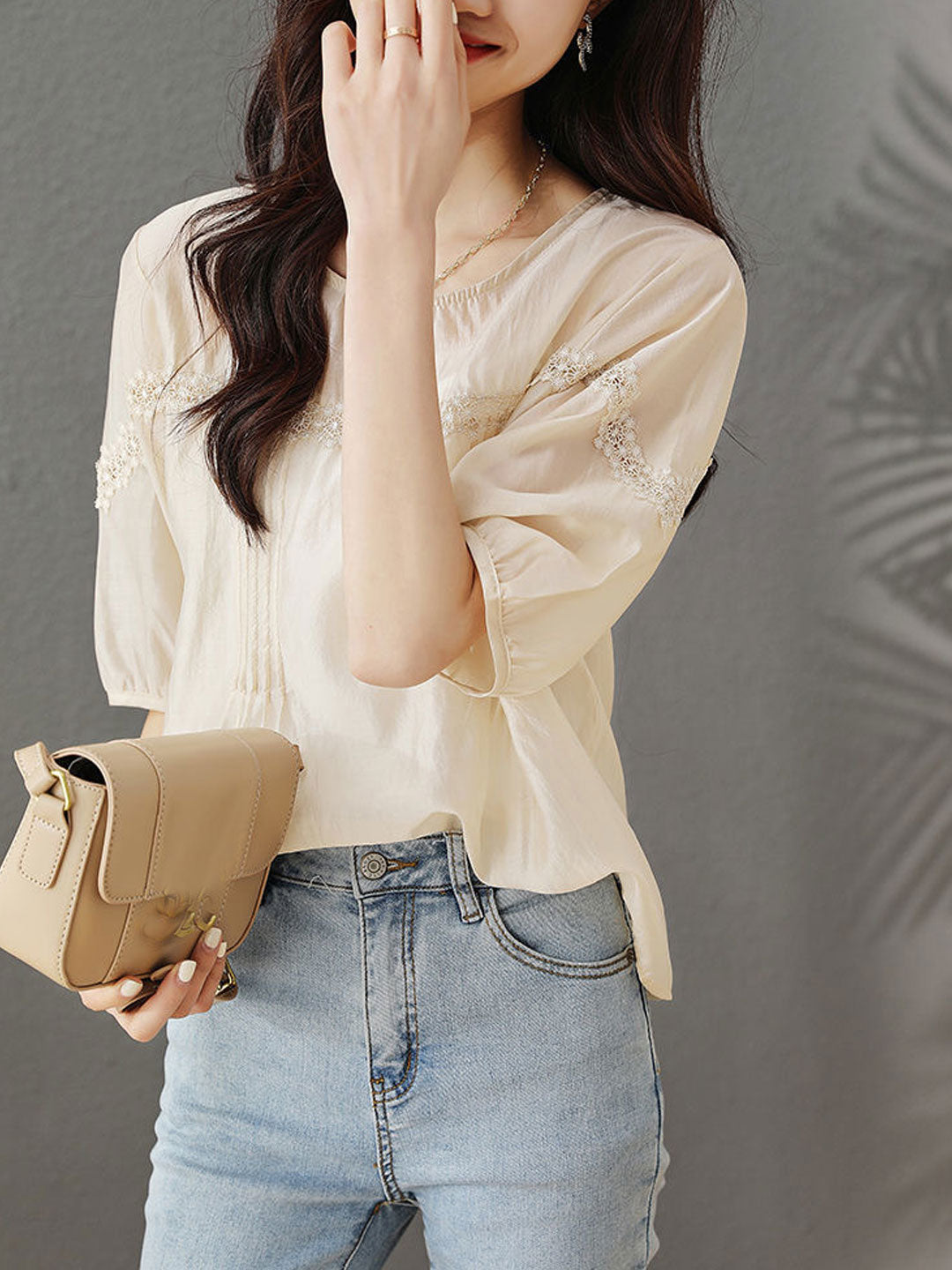 Audrey Loose Puff Sleeve Lace Hollowed Blouse