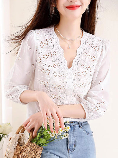 Kayla Retro V-Neck Embroidered Hollowed Top