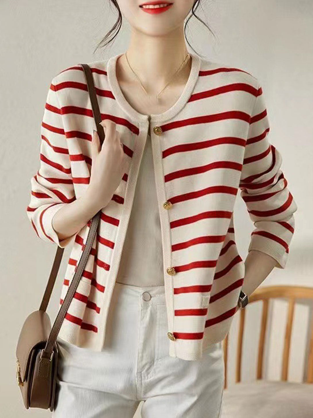 Olivia Classic Crew Neck Striped Knitted Cardigan-Black