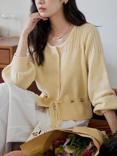 Peyton Retro Crew Neck Beaded Drawstring Knitted Cardigan