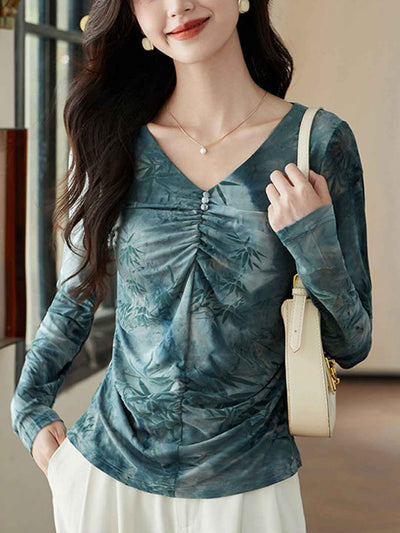 Alexis Classic V-Neck Printed Pleated Mesh Top