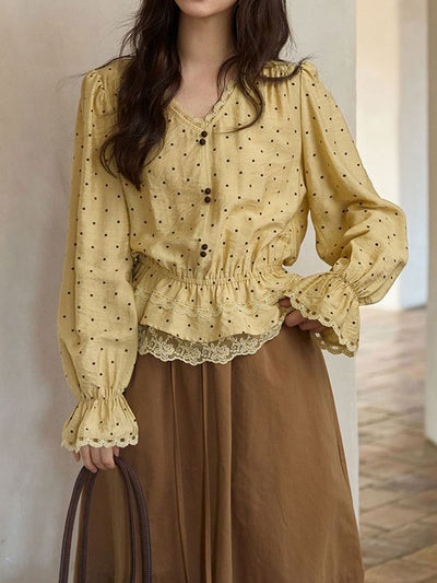 Mia Casual V-neck Lace Polka Dot Blouse