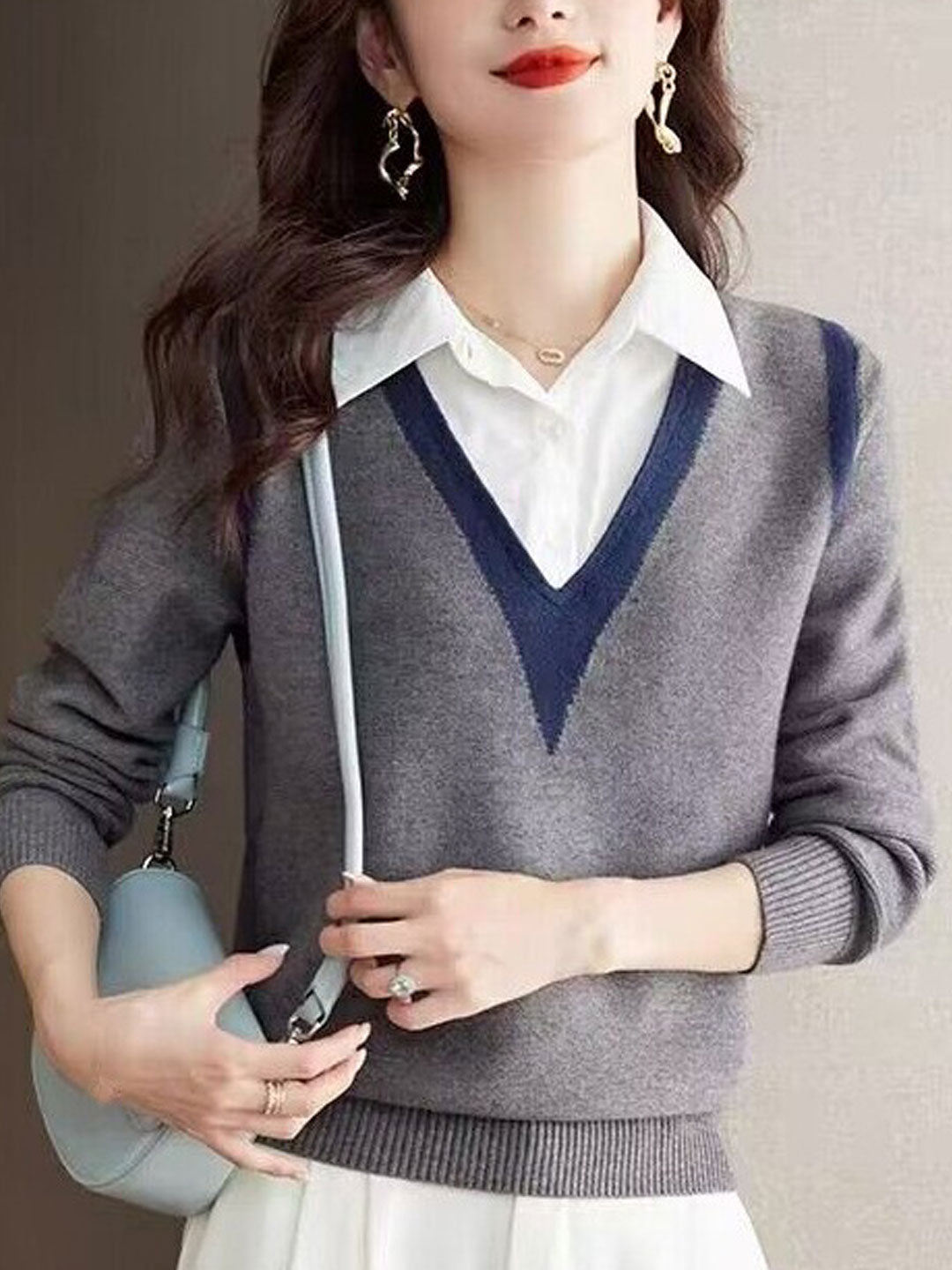 Ava Casual Contrast Color Shirt Collar Knitted Sweater