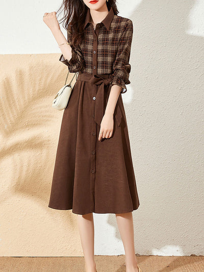 Ava Classic Lapel Plaid Panel Midi Dress