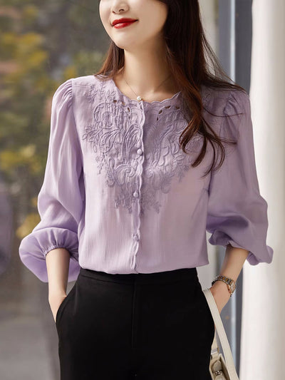 Jocelyn Elegant Embroidered Lantern Sleeve Shirt-White