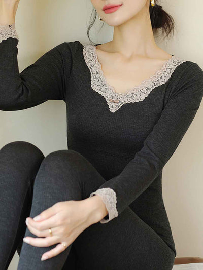 2pcs Women'S Lace V-Neck Tight Base Underwear Set