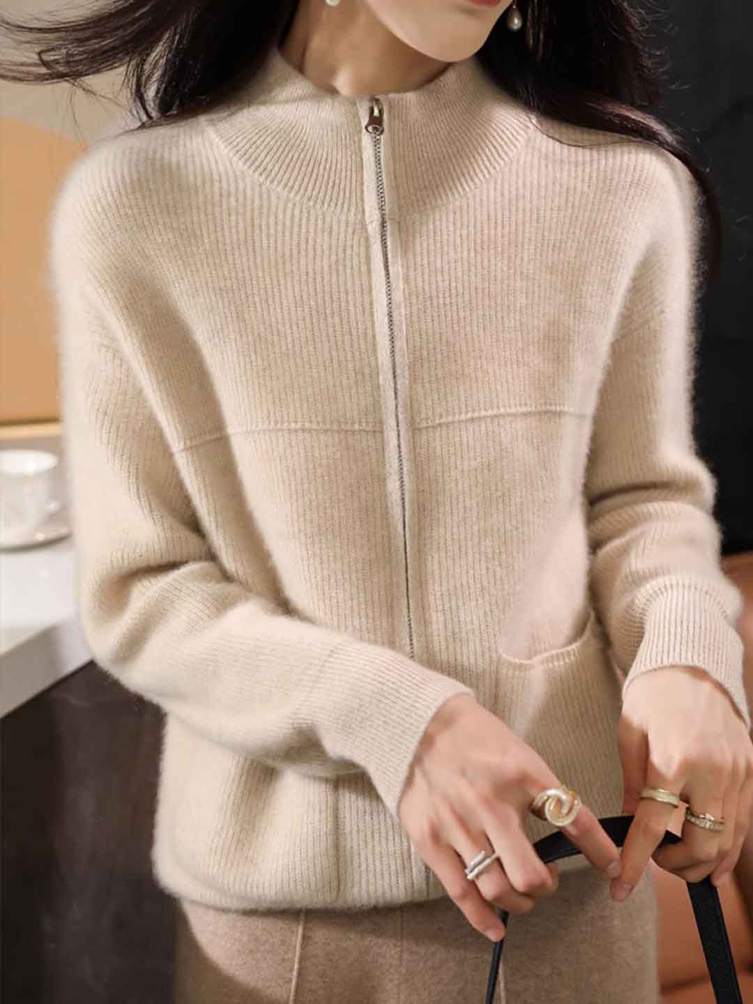 Hannah Loose Turtleneck Zippered Knitted Cardigan