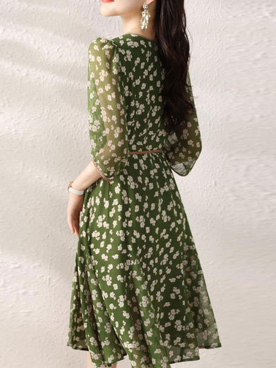 Molly Retro Floral Wrap Waisted Dress-Green Long