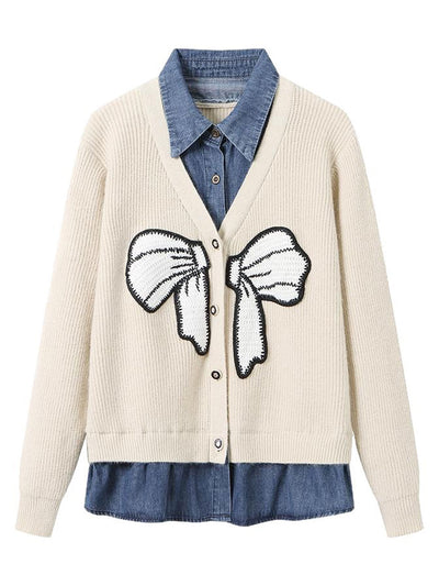 Freda Loose Denim Patchwork Mock Two-Piece Knitted Cardigan