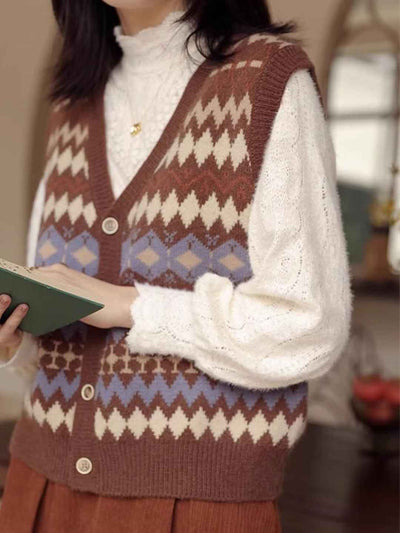 Olivia Retro V-Neck Diamond Knitted Vest