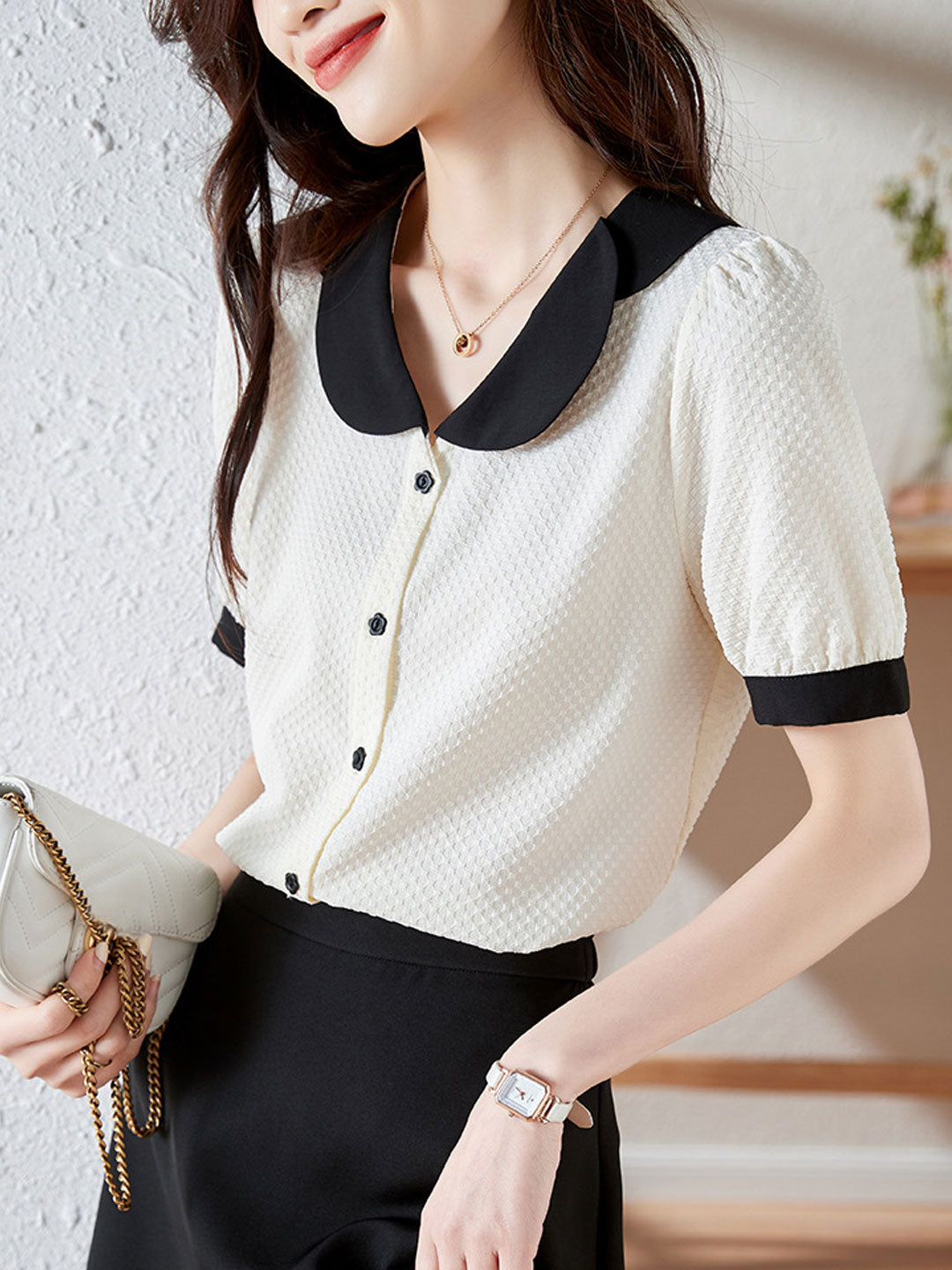 Claire Retro Doll Collar Contrasted Chiffon Shirt