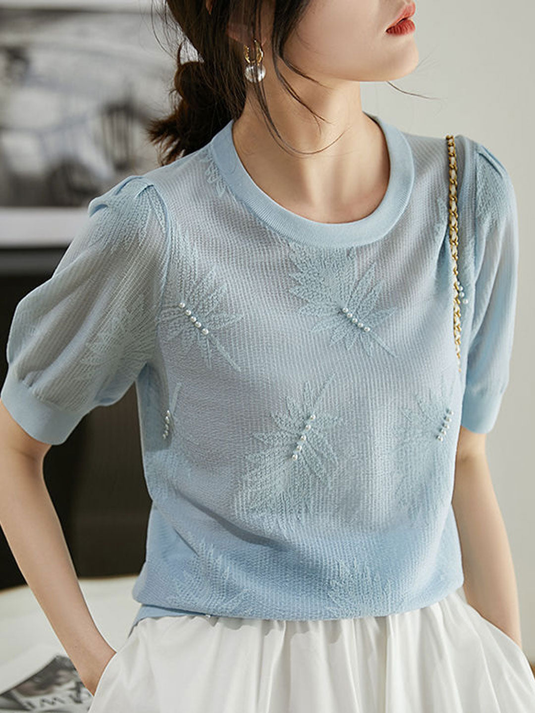 Brianna Casual Puff Sleeve Jacquard Beaded Knitted Top