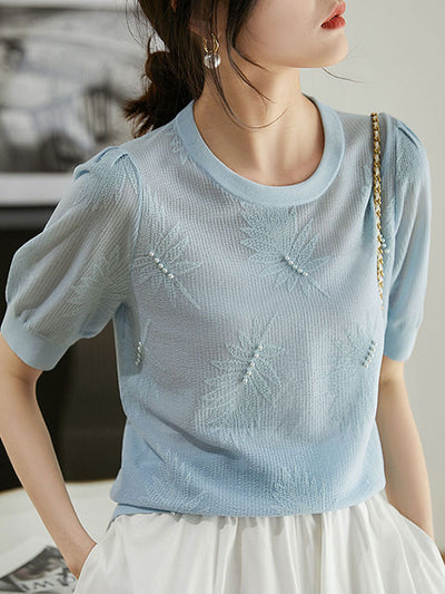 Brianna Casual Puff Sleeve Jacquard Beaded Knitted Top
