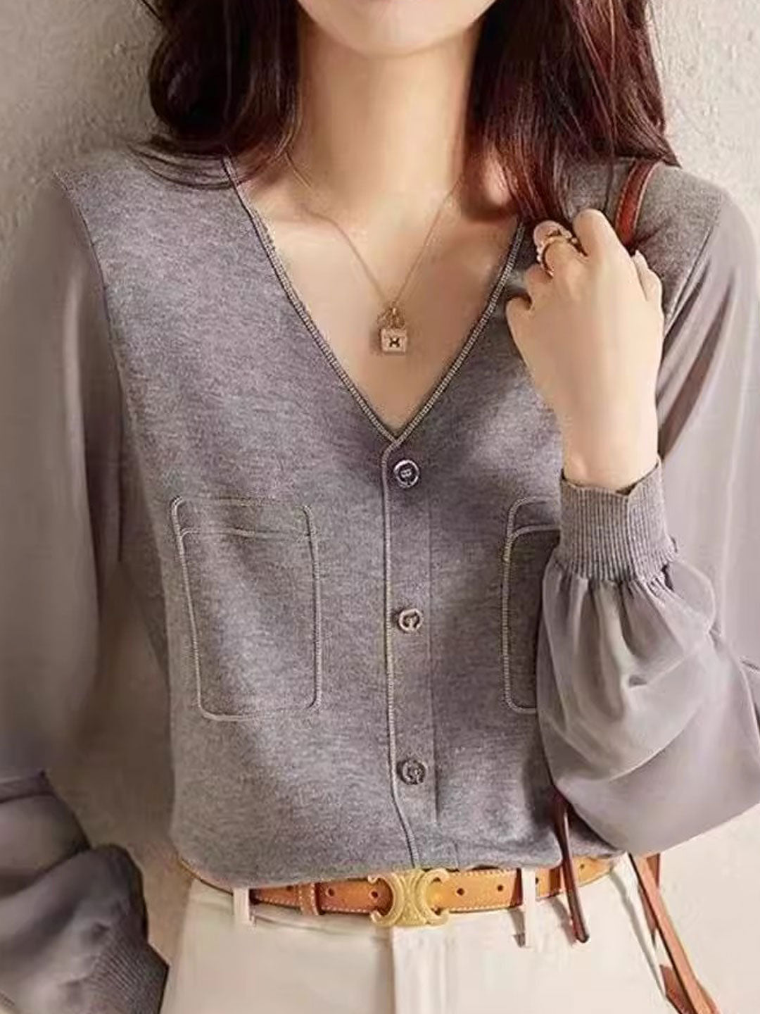 Olivia Loose V-Neck Lantern Sleeve Knitted Top