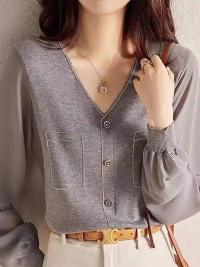 Olivia Loose V-Neck Lantern Sleeve Knitted Top