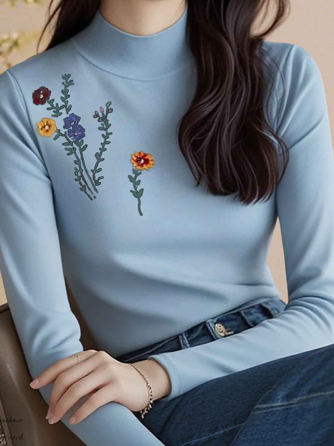 Lily Slim Turtleneck Embroidered Knitted Top