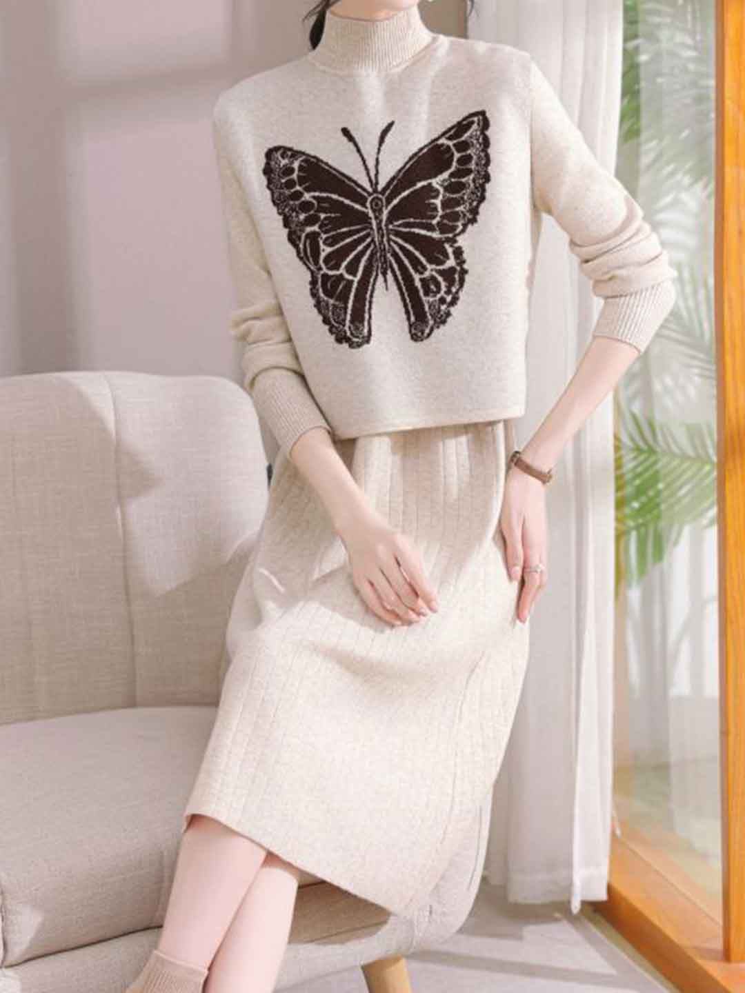 Jessica Loose Turtleneck Butterfly Printed Knitted Dress