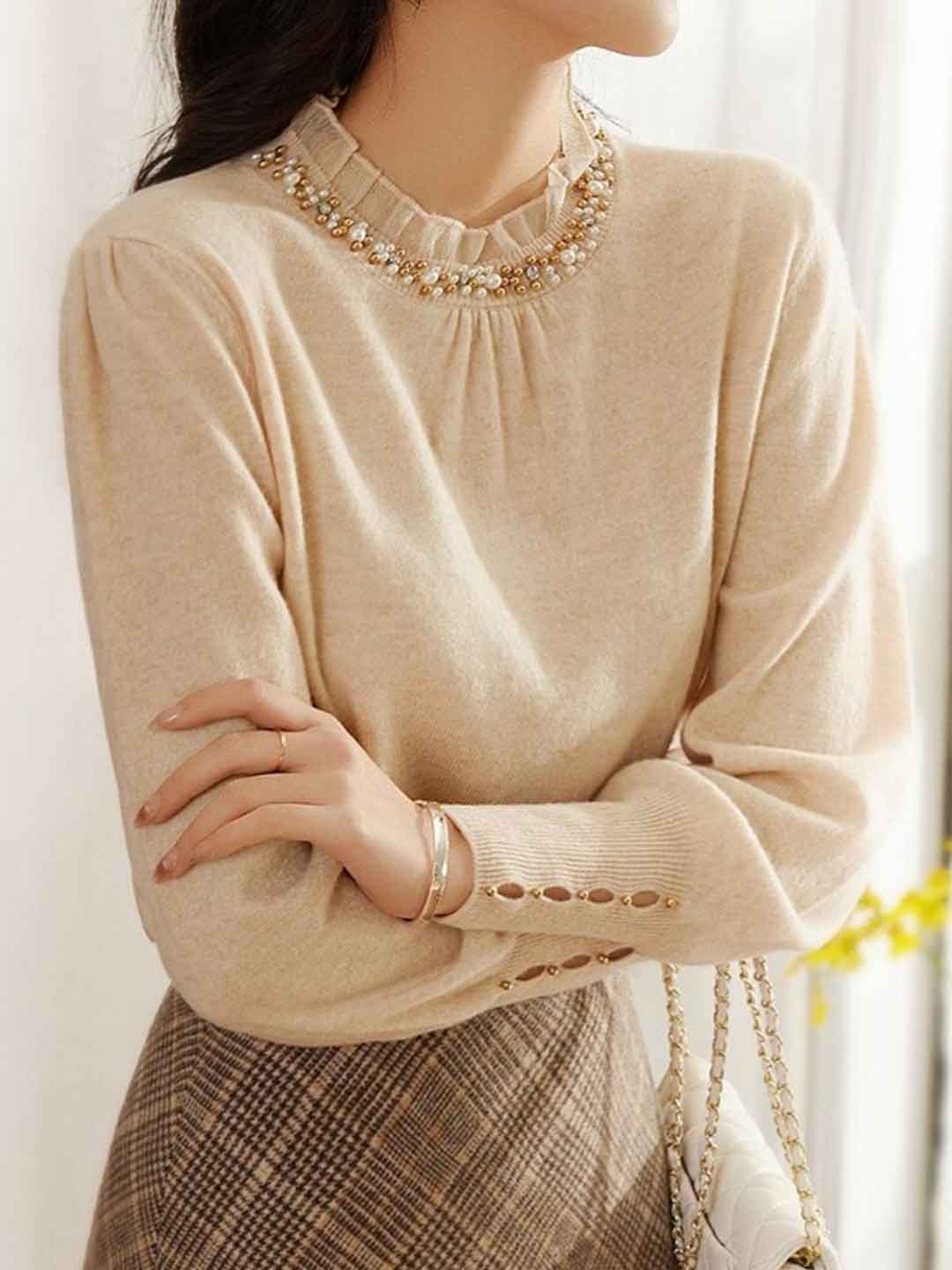 Raya Chic Auricular Collar Lace Beaded Knitted Top