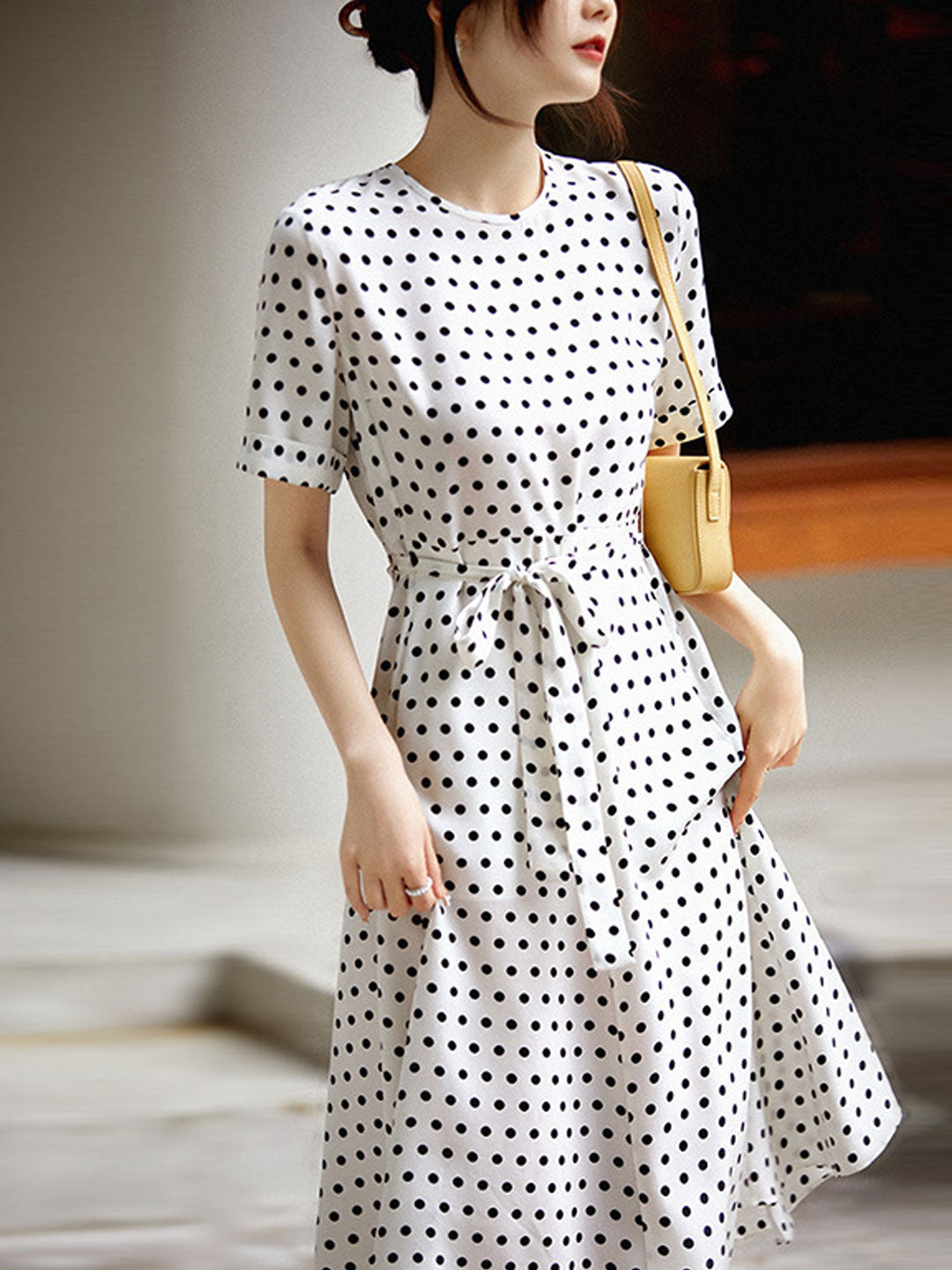Chloe Elegant Crew Neck Tie Polka Dot Chiffon Dress