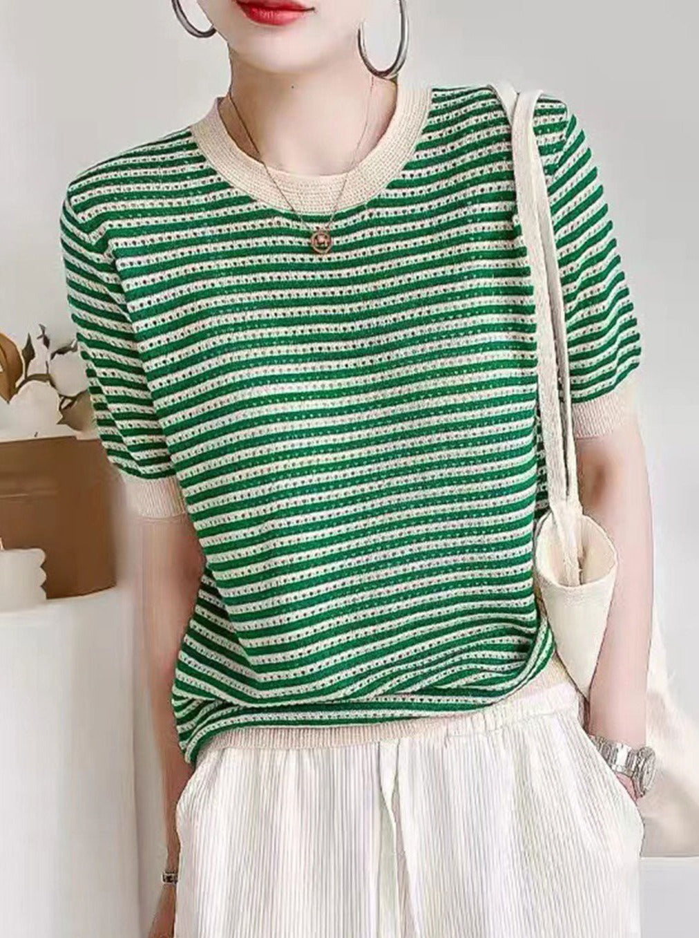 Alyssa Casual Crew Neck Hollowed Striped Top