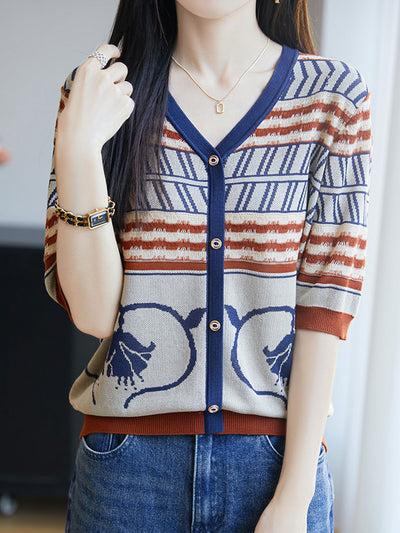 Andrea Loose V-Neck Jacquard Knitted Cardigan