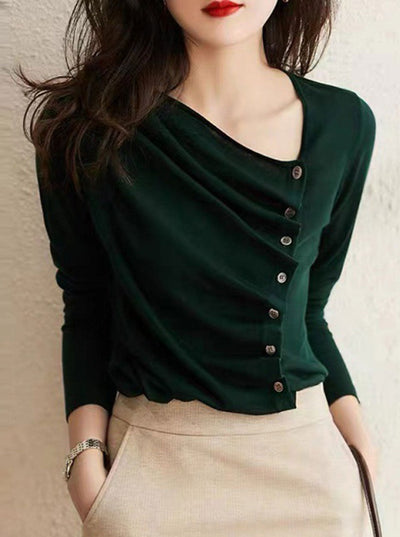 Sarah Loose Pleated Asymmetrical Knitted Top-Green