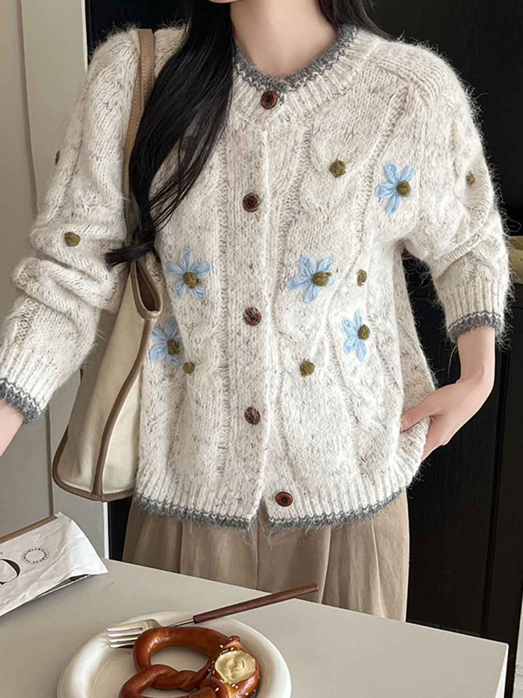 Sarah Classic Crew Neck Floral Crochet Knitted Sweater