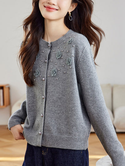 Aaliyah Classic Crew Neck Beaded Knitted Cardigan
