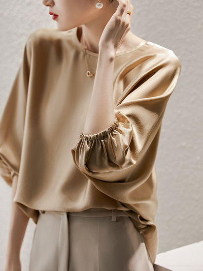 Isabella Loose Crew Neck Satin Balloon Sleeve Shirt