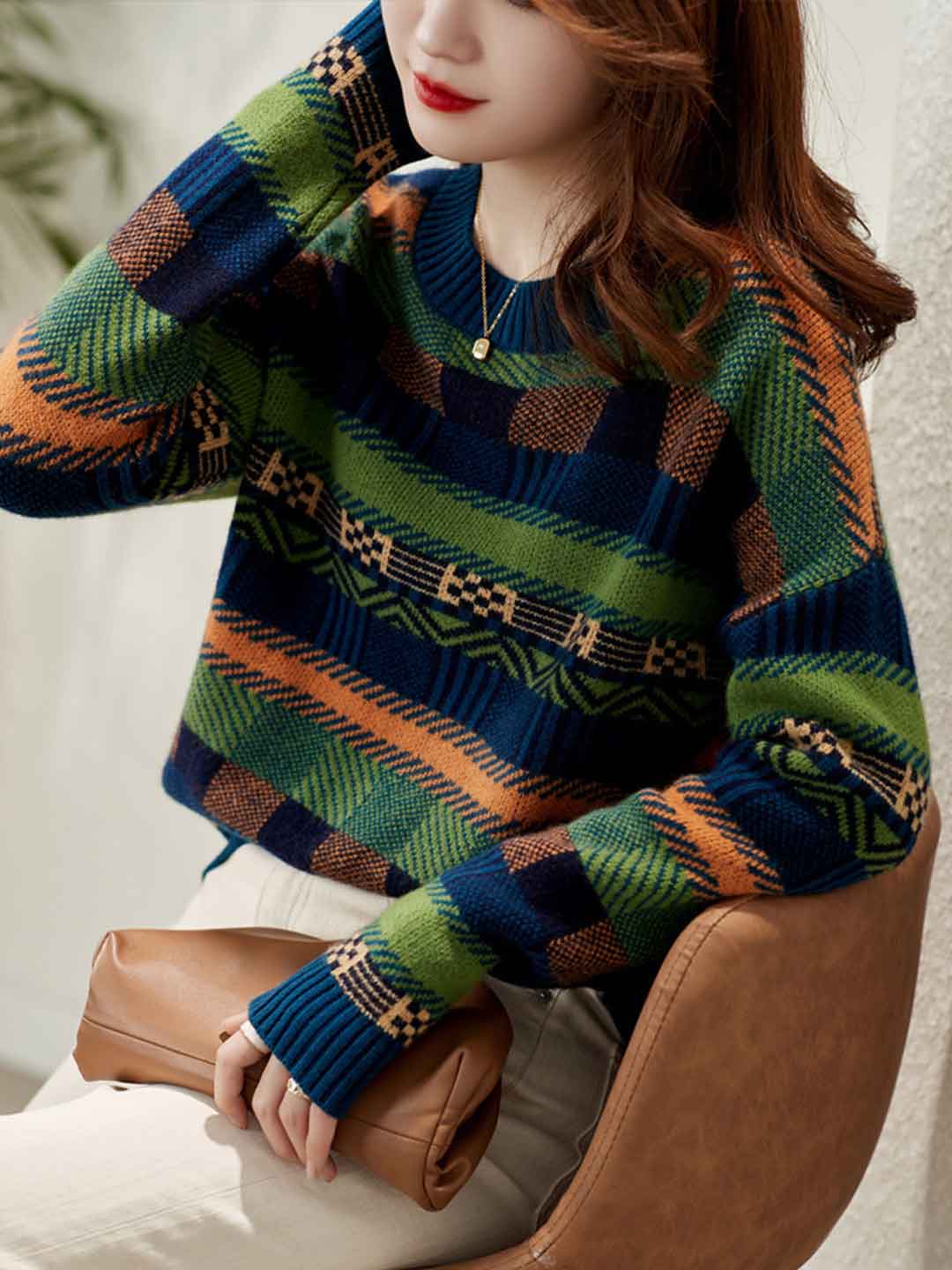 Aaliyah Loose Crew Neck Contrasted Striped Knitted Sweater