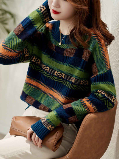 Aaliyah Loose Crew Neck Contrasted Striped Knitted Sweater