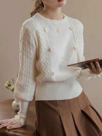 Taylor Loose Crew Neck Cable Knitted Floral Top