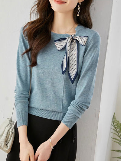 Lara Elegant Scarf Tie Knitted Sweater-Blue