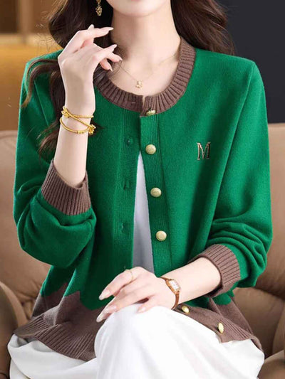 Victoria Classic Crew Neck Colorblocked Knitted Cardigan