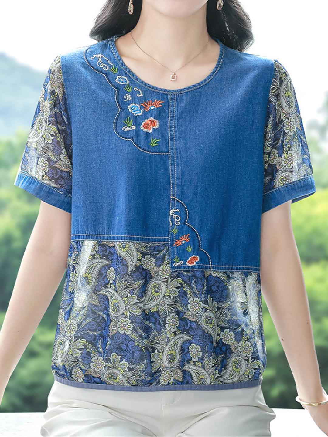 Mya Loose Crew Neck Embroidered Chiffon Top