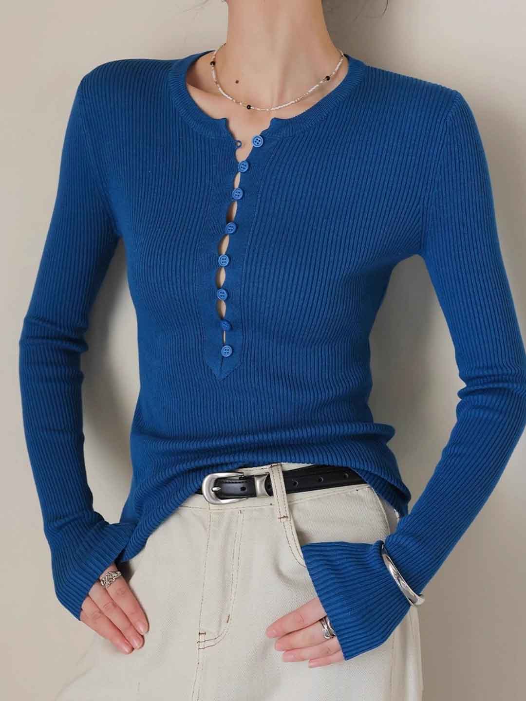Brianna Slim Placket Front Solid Color Knitted Top
